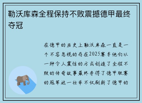 勒沃库森全程保持不败震撼德甲最终夺冠