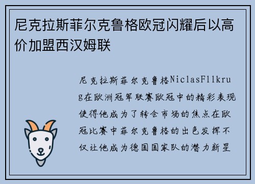 尼克拉斯菲尔克鲁格欧冠闪耀后以高价加盟西汉姆联
