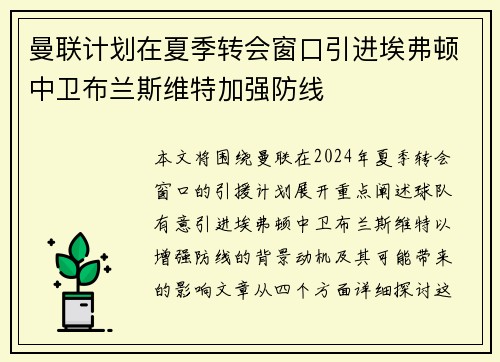 曼联计划在夏季转会窗口引进埃弗顿中卫布兰斯维特加强防线 曼联计划在夏季转会窗口引进埃弗顿中卫布兰斯维特加强防线